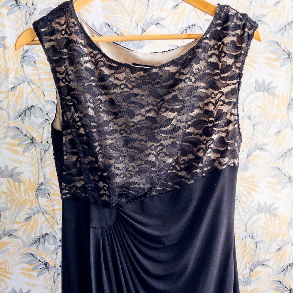 Laura Black/Tan Lacey Formal Dress Side Slit Size 12 B001